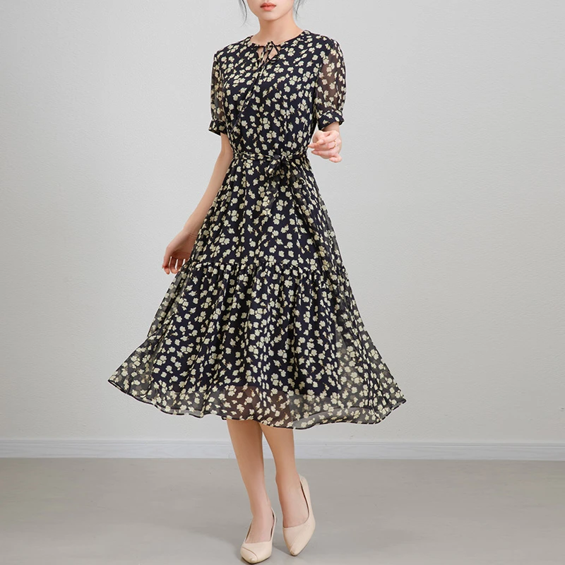 25117 夏亲肤短袖连衣裙修身显瘦时尚设计感印花收腰A字裙子气质