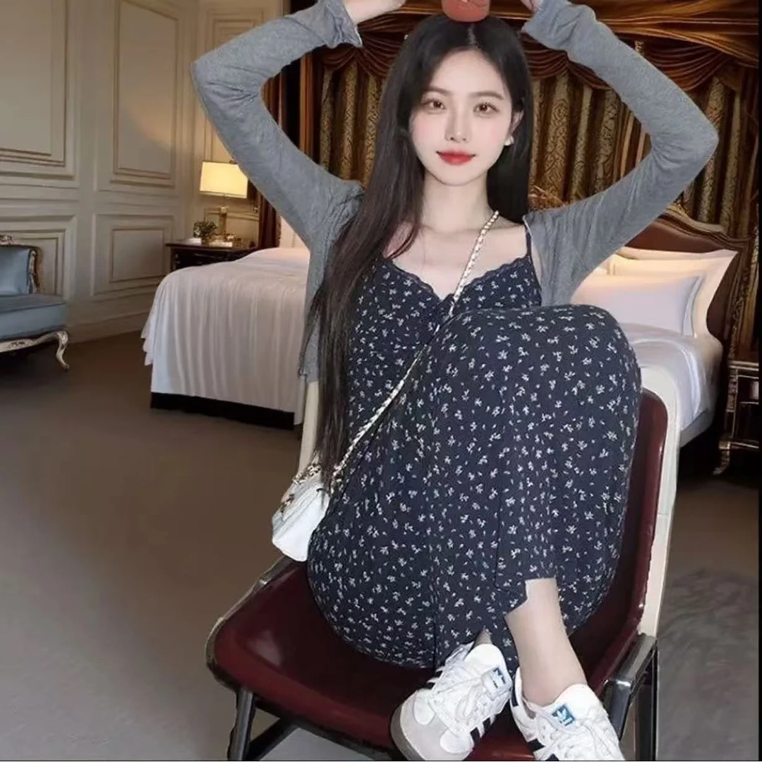 韩国小镇~夏季穿搭一整套女装韩版碎花连衣裙女夏季显瘦吊带套装