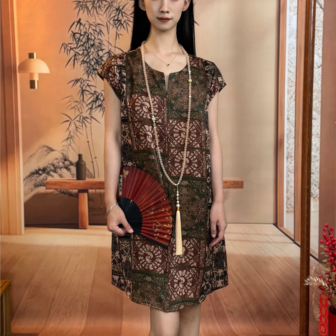 香云纱印花套头简约无袖简约连衣裙100%桑蚕丝清凉透气3698