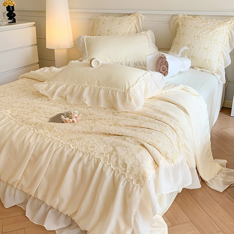 法式少女心高级蕾丝花边亲肤夏被四件套公主风可机洗夏凉被薄被子