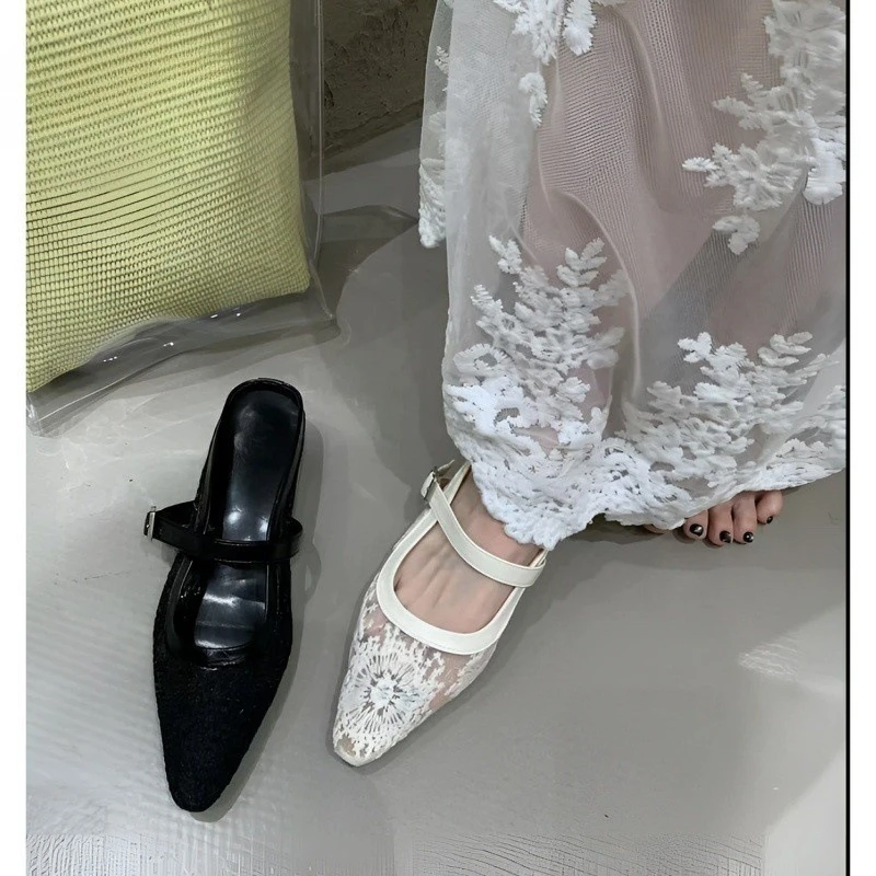 2025新款法式网纱蕾丝单鞋凉拖鞋子包头半拖鞋女夏外穿小香风半托