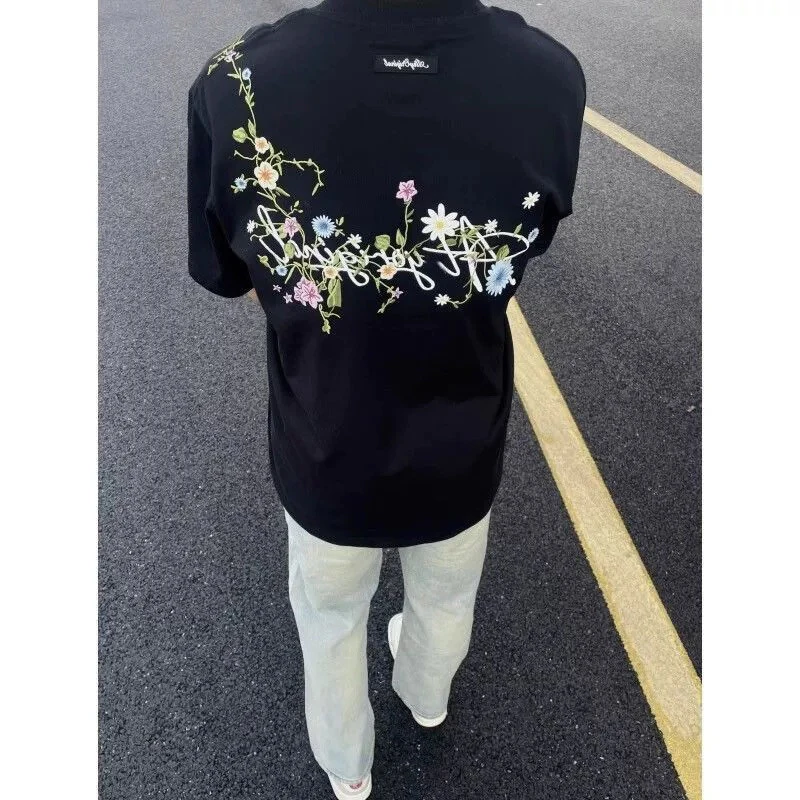 2025新款夏季印花卉短袖t恤男款潮牌潮流宽松情侣重磅纯棉半截袖