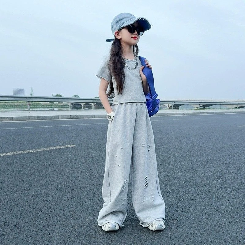 女童夏装套装2025新女孩洋气中大童夏季休闲阔腿裤运动两件套潮