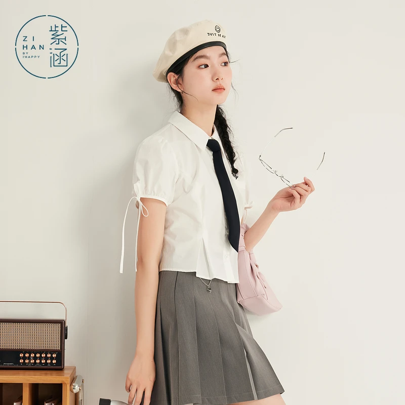 紫涵短款泡泡袖衬衫女2025年夏季新款学院风甜美少女感蝴蝶结衬衣