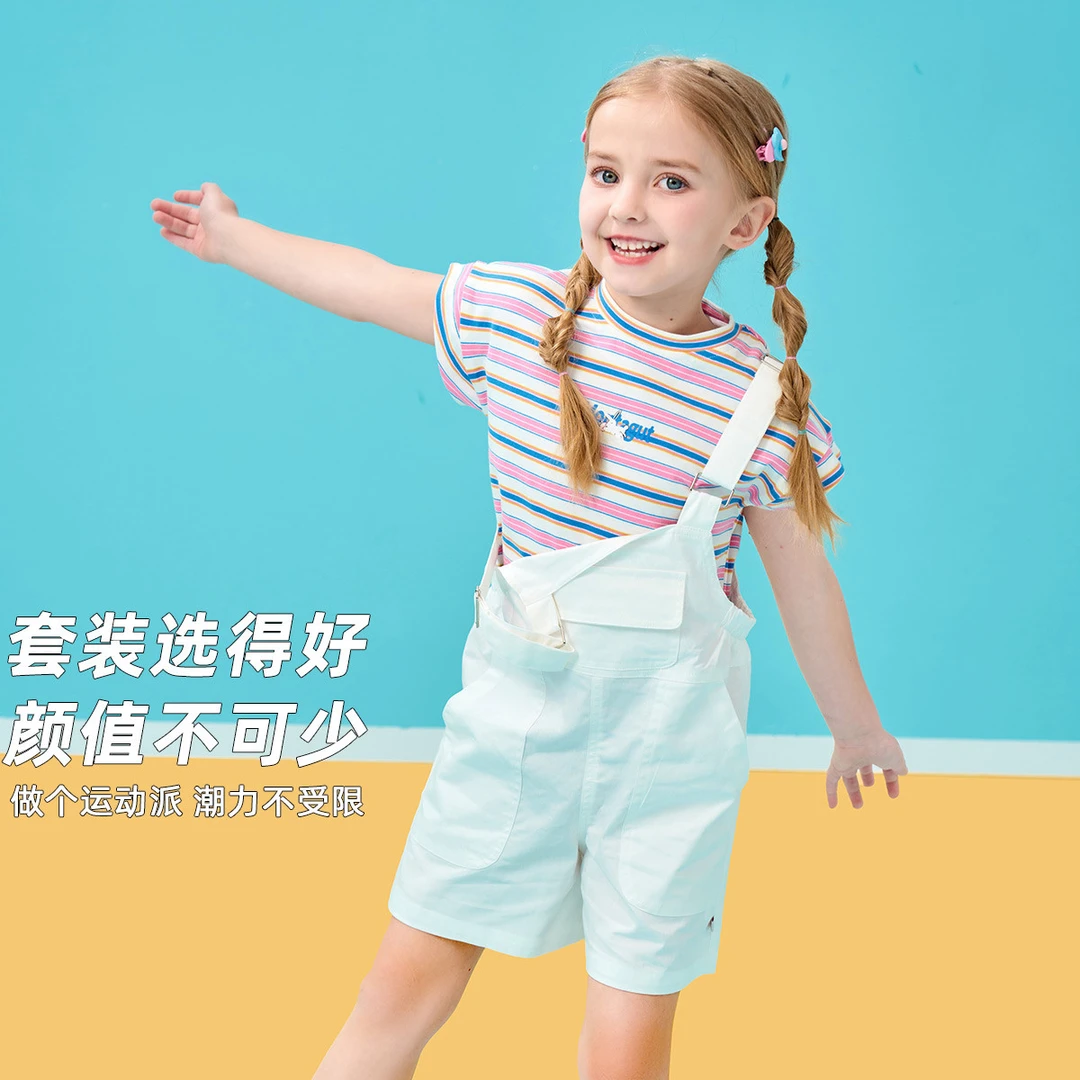 梦特娇女童条纹T恤背带裤两件套夏季新品时尚洋气休闲套装A49