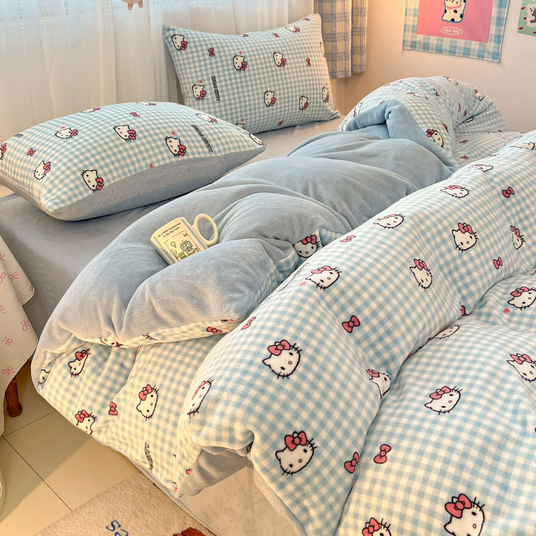 加绒卡通kt猫牛奶绒床笠被罩加厚双面珊瑚绒被套保暖床单套件冬季