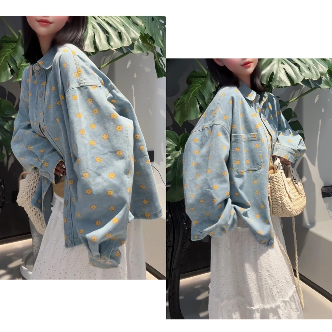 【思墨严选】01002春季度假休闲下摆抽绳小花朵牛仔外套