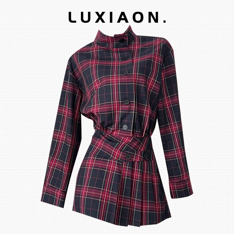 复古格纹立领设计长袖连衣裙女装2025年秋季新款单排扣辣妹短裙子