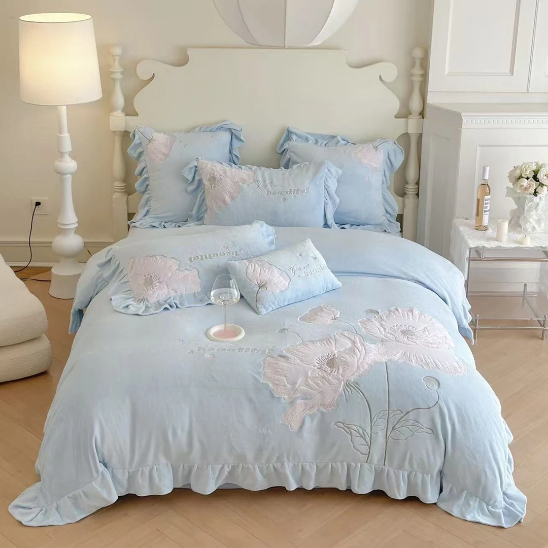 韩版花边床品四件套刺绣双面床品套件加厚保暖冬季床裙牛奶绒