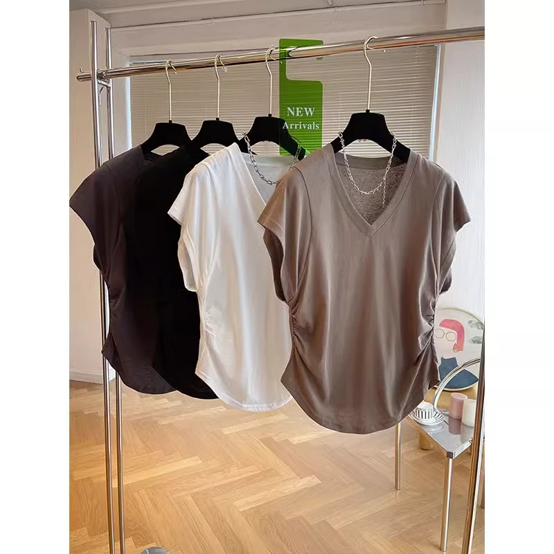 特大码300斤设计感小众宽松休闲褶皱飞飞袖V领t恤男女短袖高级t恤