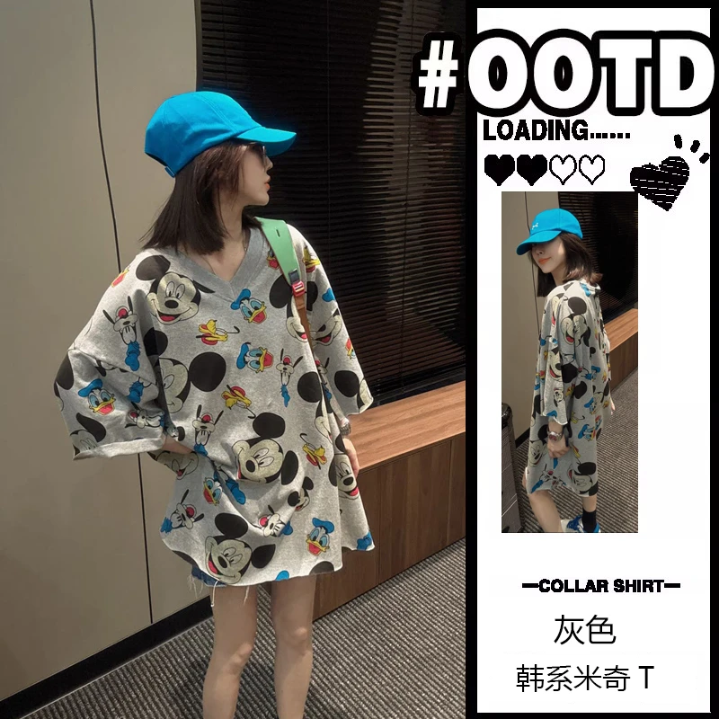 韩版米奇满印花卡通T恤女款2025秋新款宽松中长款时尚百搭上衣潮