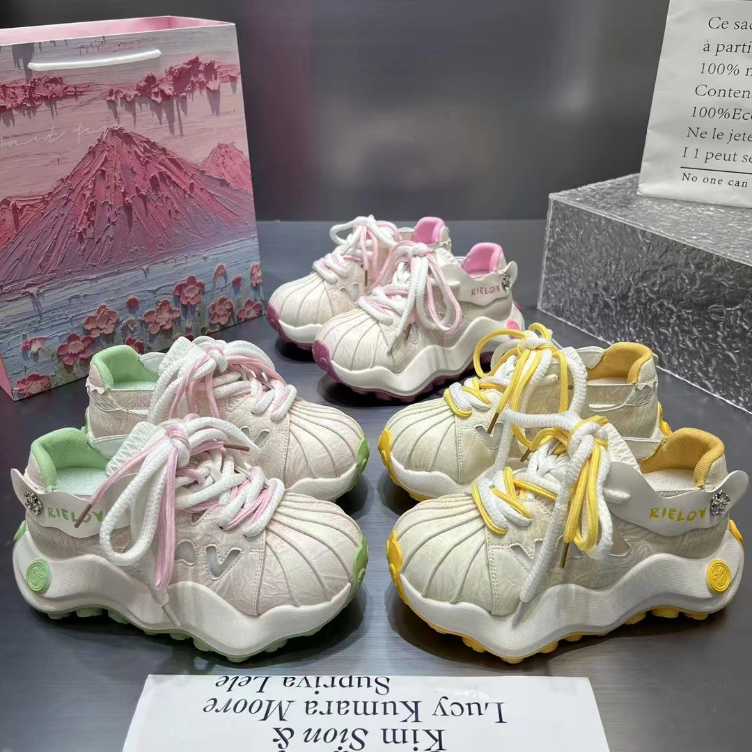 【红】欧洲站丑萌松糕百搭贝壳头厚底小白鞋女2025夏季新款大头