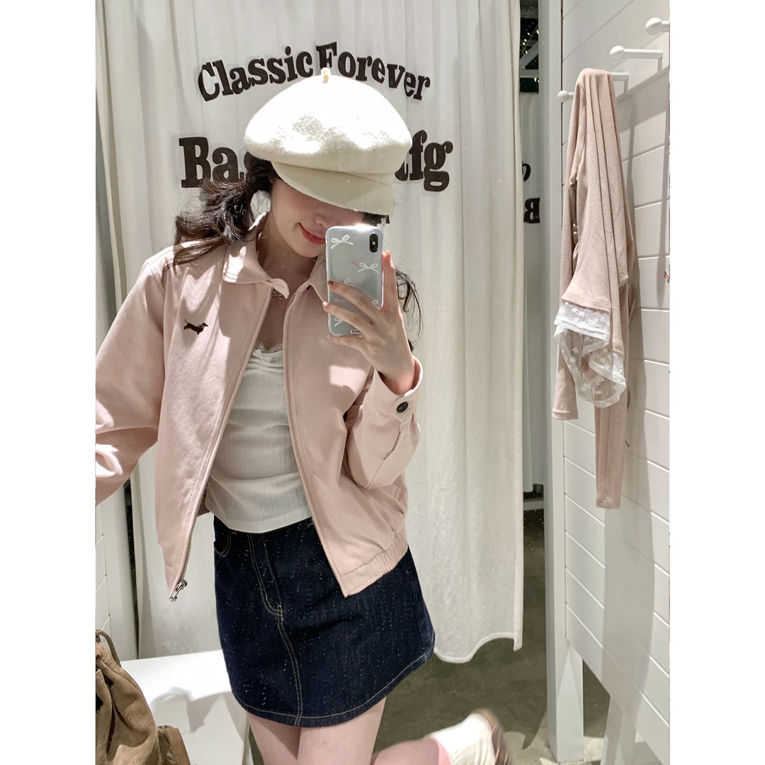 韩系少女感粉色腊肠狗夹克短外套女秋季2025新款减龄显瘦休闲上衣