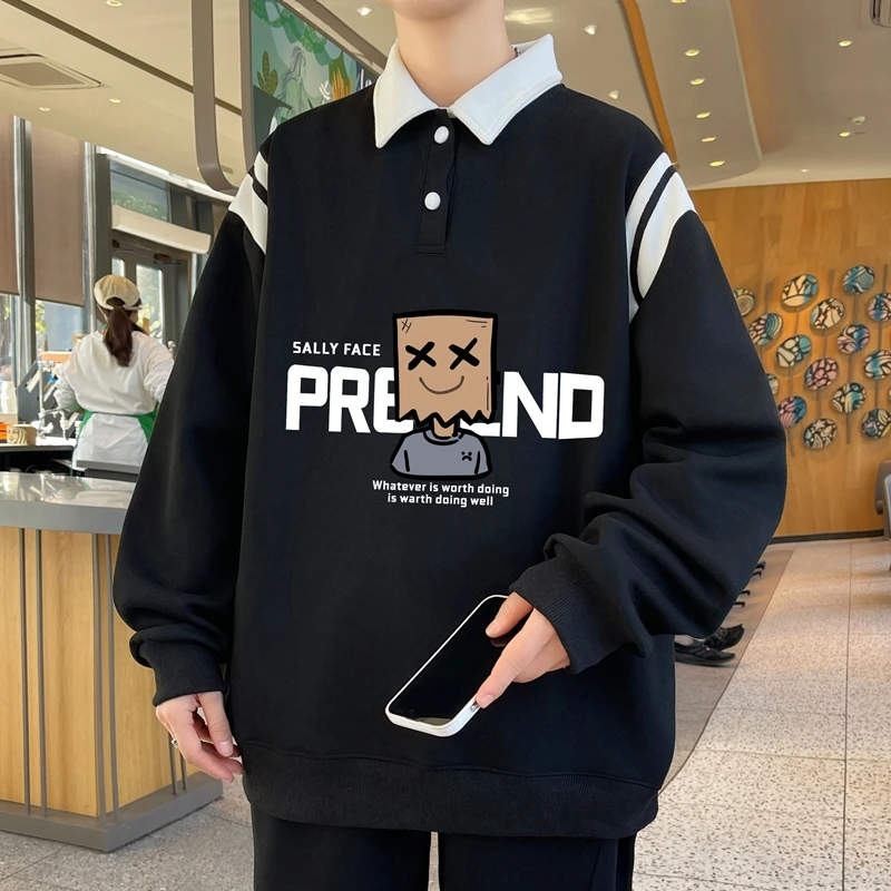 港风polo衫卫衣2025春秋季潮牌宽松百搭大码男装长袖t恤翻领上衣