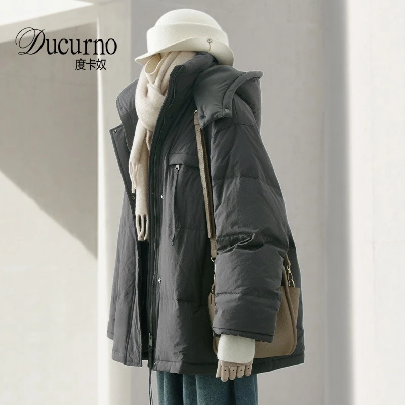 深灰色加厚连帽羽绒服女2025冬装新款韩版宽松直筒白鸭绒保暖外套