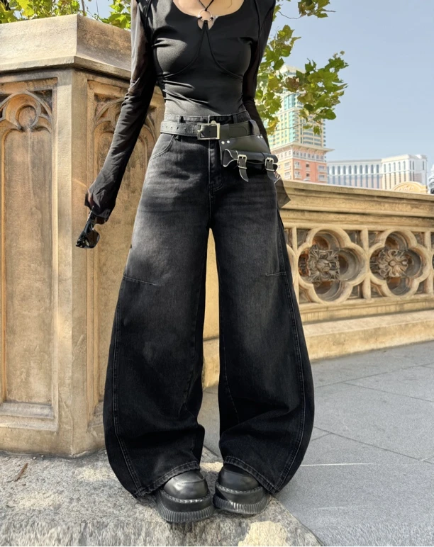 Blackgirl新款【弯刀神裤】百搭牛仔裤灰黑色拼接显腿长镰刀弯刀裤