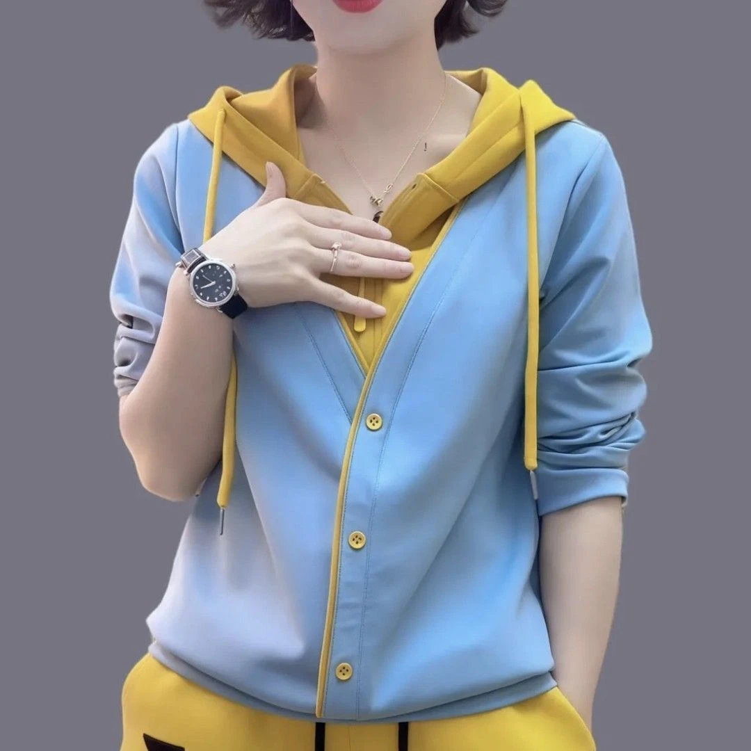 秋冬时尚洋气新品连帽假两件撞色保暖卫衣女减龄显瘦休闲加厚打底