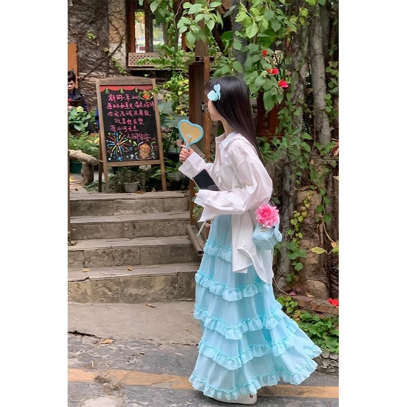 林初美 天蓝色半身裙女春夏季高腰韩系甜美少女风蛋糕半身长裙