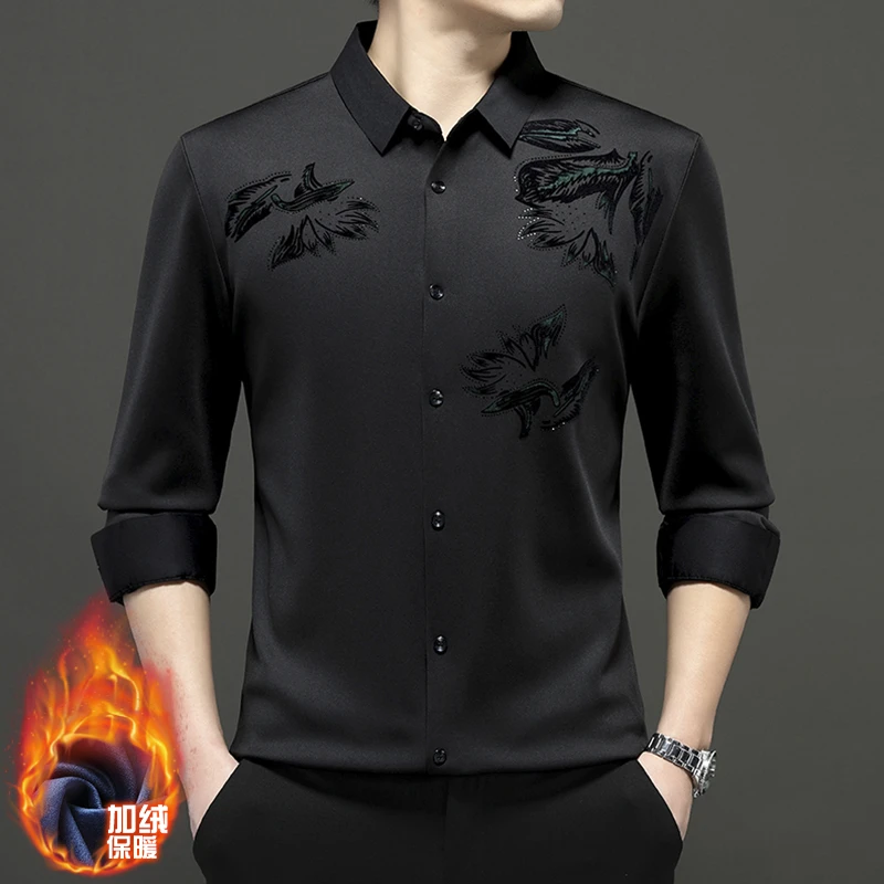 高档男士衬衫植绒免烫抗皱印花秋冬休闲商务休闲保暖衬衫上衣男