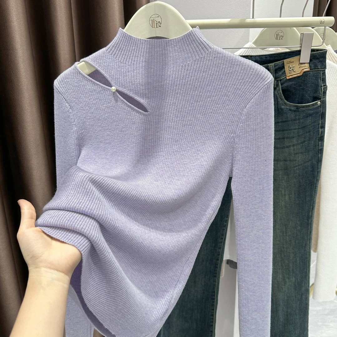 镂空设计感正肩修身坑条长袖小衫2025秋冬新款洋气显瘦百搭内搭女