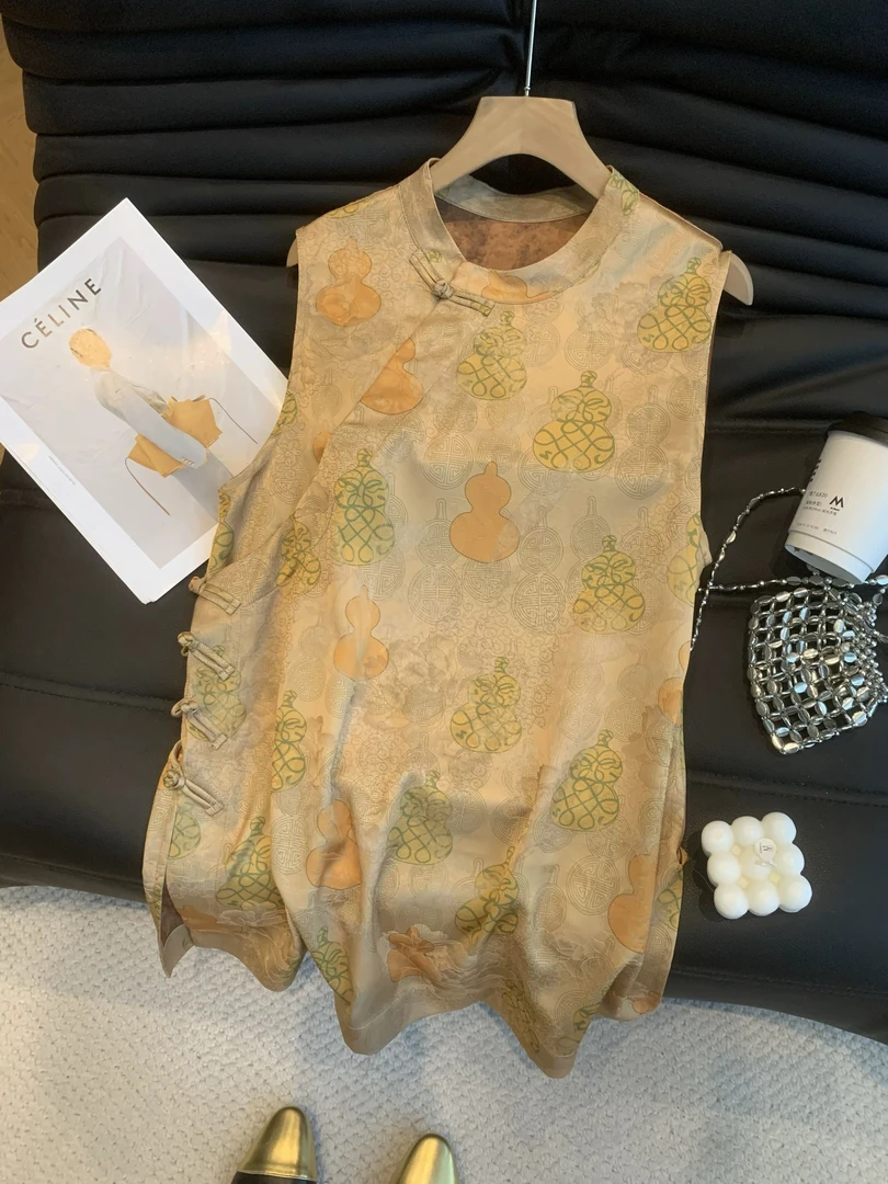 欧洲站夏欧货国风提花马甲立领斜襟遮肩袖马夹上衣中长款背心女潮