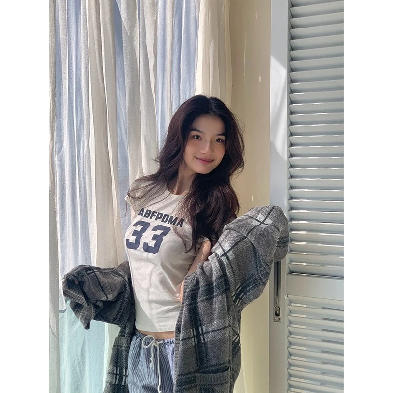 夏季美式印花字母修身显瘦短款短袖t恤女百搭时尚辣妹ins潮上衣