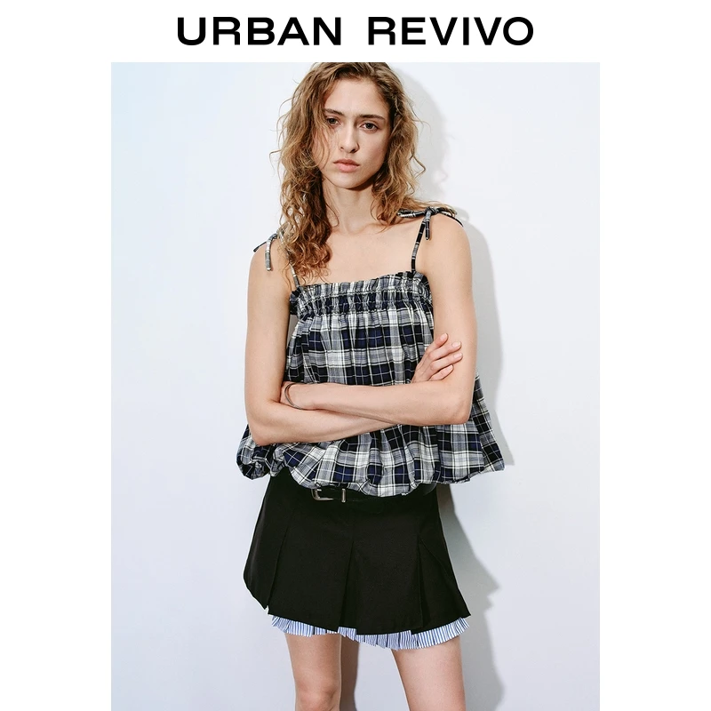 UR2025夏季新款女装休闲撞色格纹系带抽褶吊带衫UYV250032