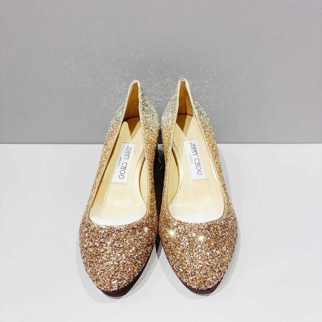 全新未使用 JIMMY CHOO/吉米周 金色渐变 全闪片低跟鞋36.5码跟高