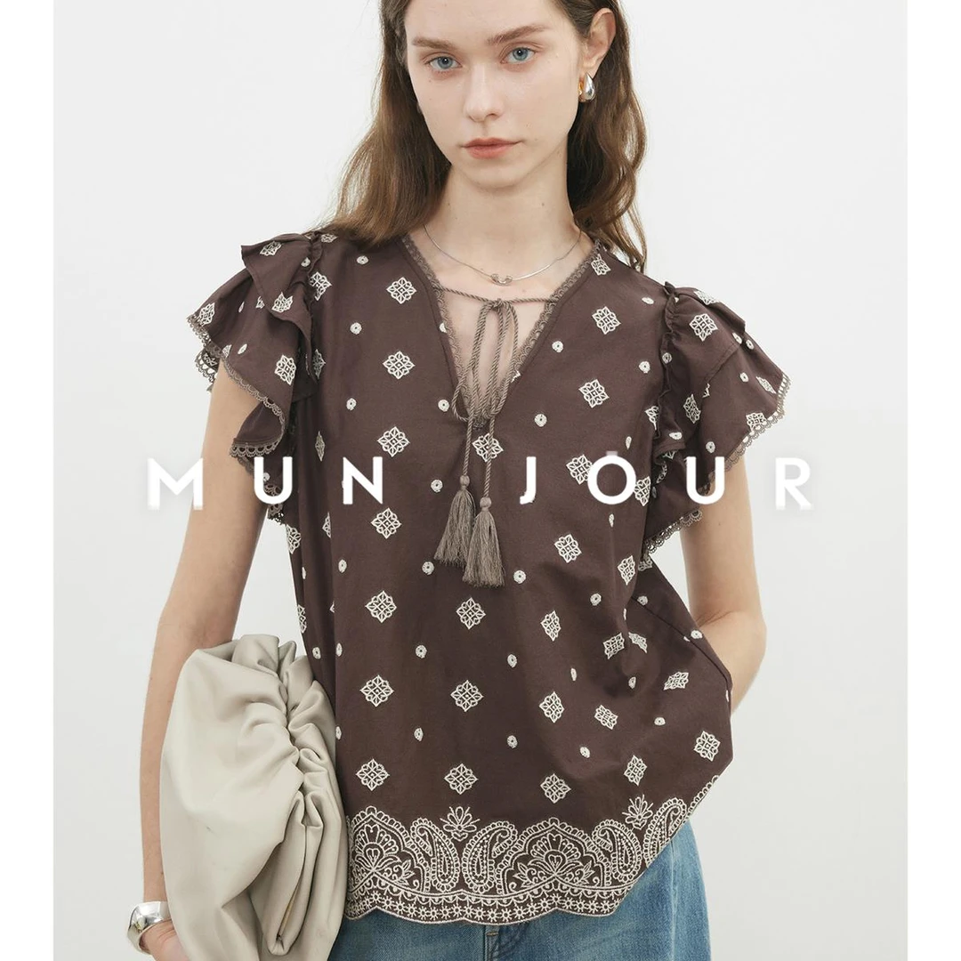 异域波嬉风 干爽清凉亚麻V领叠层荷叶边小飞袖印花&刺绣上衣