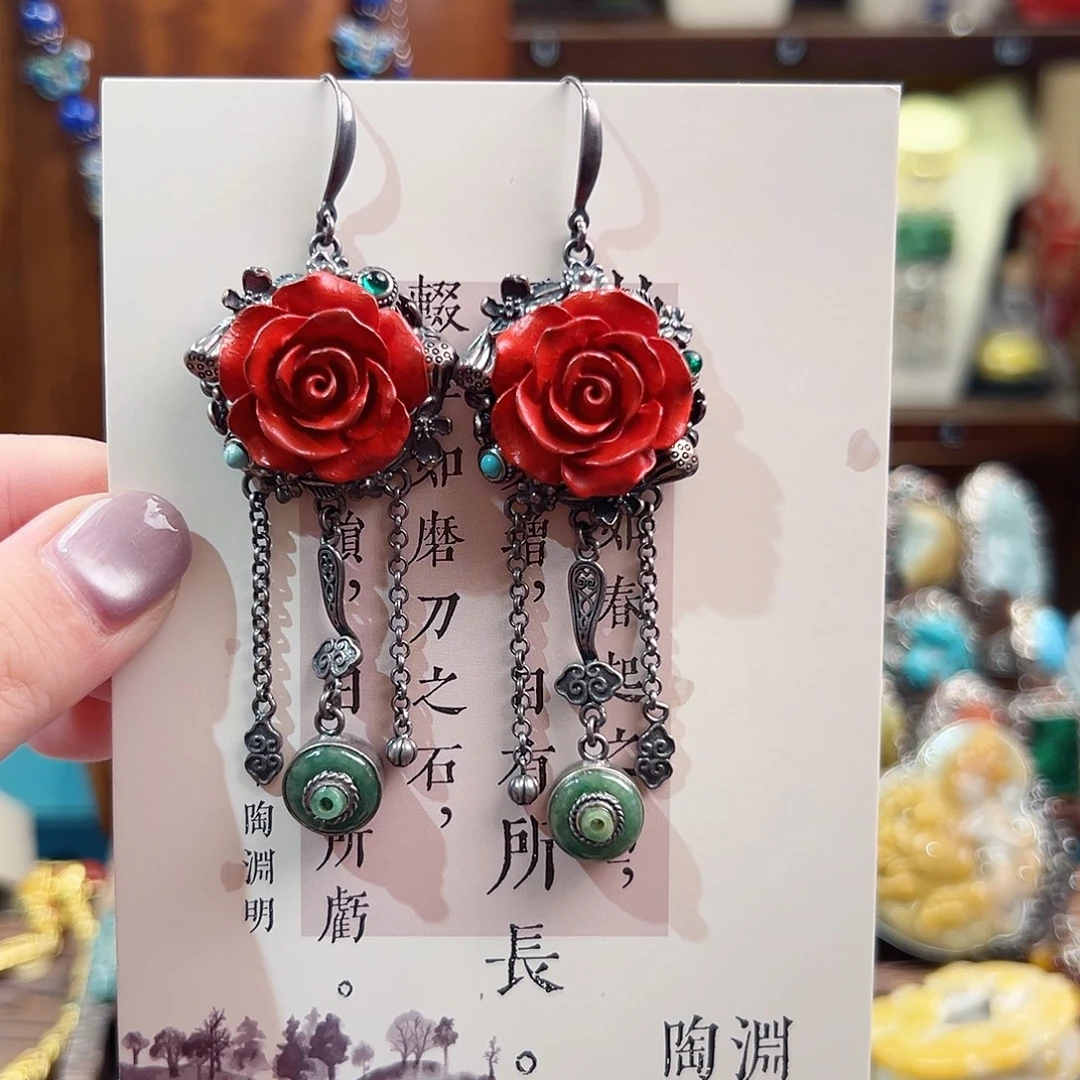 天然辰砂锦钰原创设计款式耳环