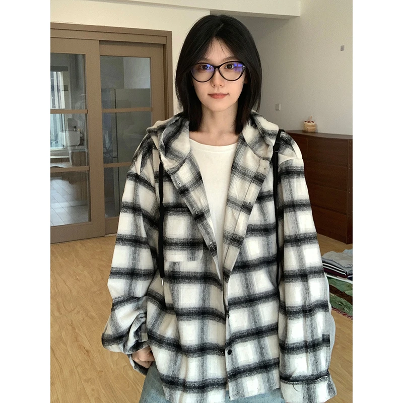 秋季连帽格子衬衫外套长袖宽松韩版衬衣慵懒风男女同款