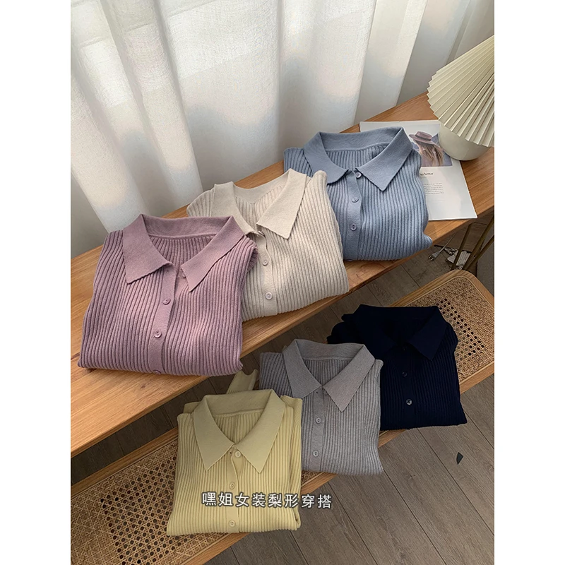 【春日甜茶】法式翻领洋气单排扣坑条显瘦百搭温柔针织开衫女春