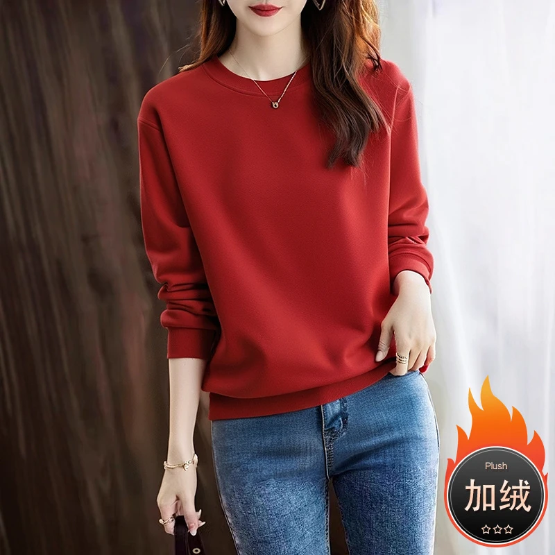 正肩卫衣女纯棉薄款新款2025爆款运动打底衫秋冬加绒长袖显瘦上衣