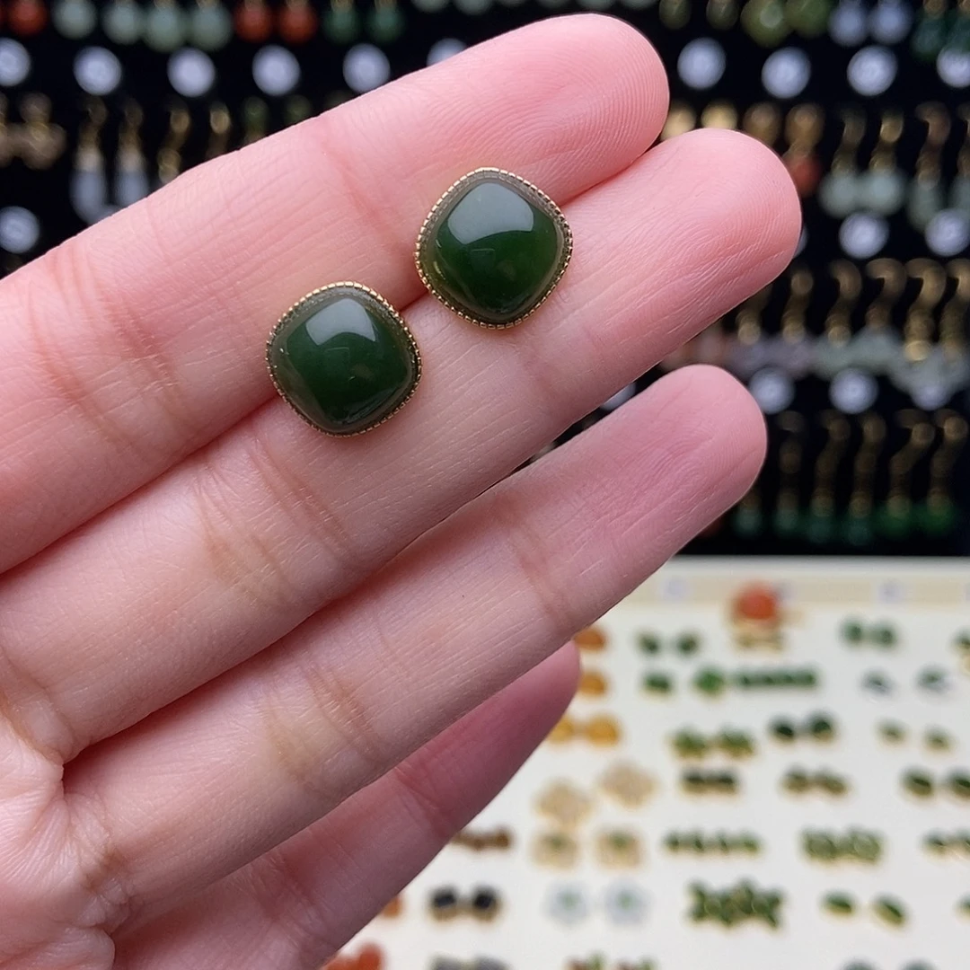 和田玉银S925镀金镶嵌耳饰