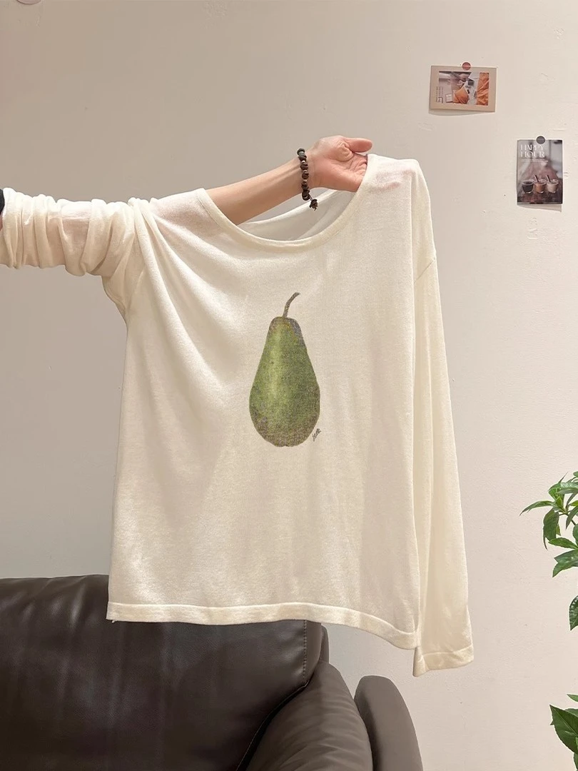韩系梨子印花圆领长袖防晒罩衫女夏季宽松显瘦甜美风休闲上衣