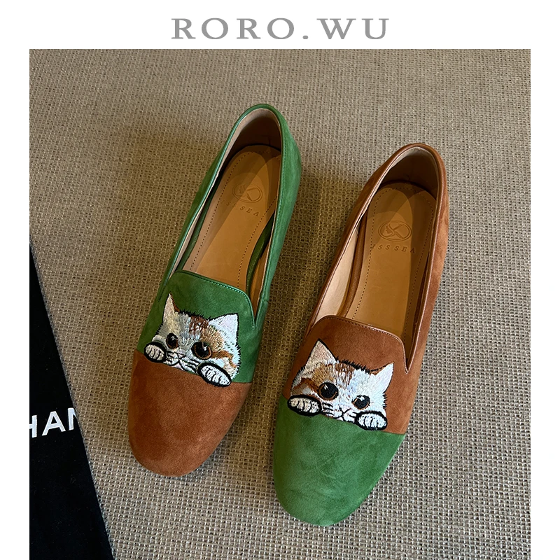 娆娆吴·春季可爱猫咪刺绣软底国风低跟豆豆鞋女鞋单鞋D211