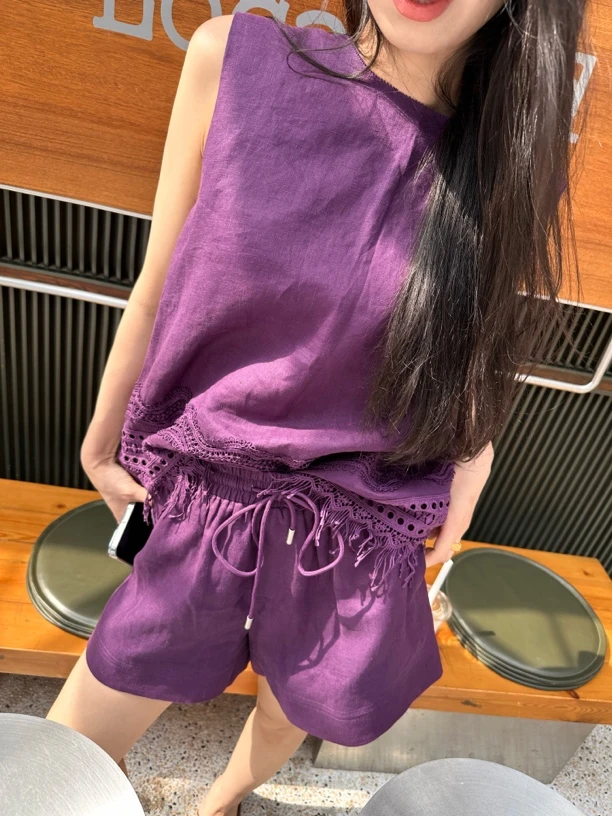 重工镂空设计感流苏亚麻背心短裤套装夏季新款