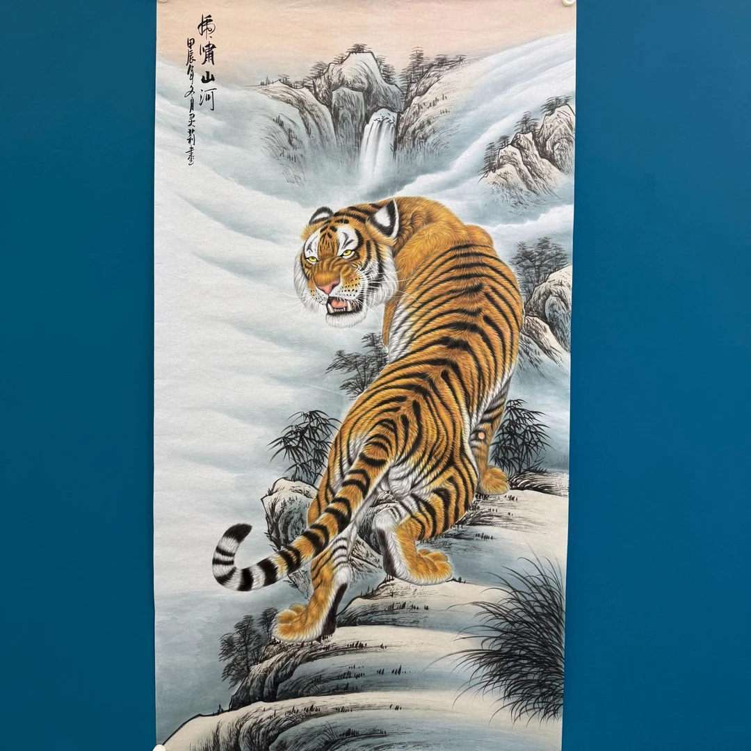 中国画精品工笔上山老虎画手绘国画书画1.8,米x1米尺寸字画