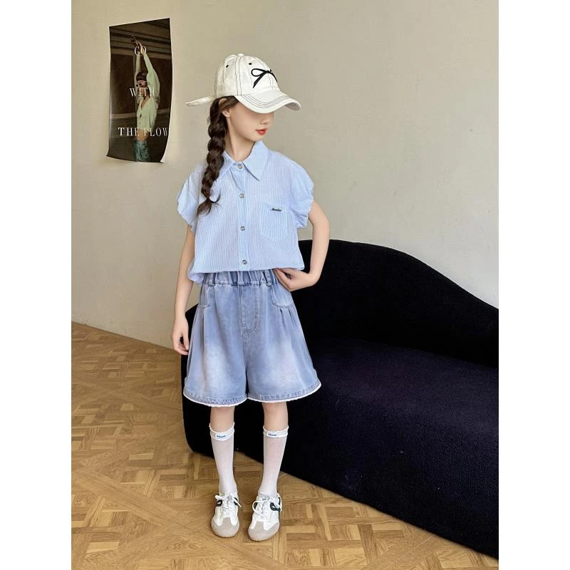 女童夏装套装新款中大童洋气韩版休闲夏季女孩条纹衬衫时尚两件套
