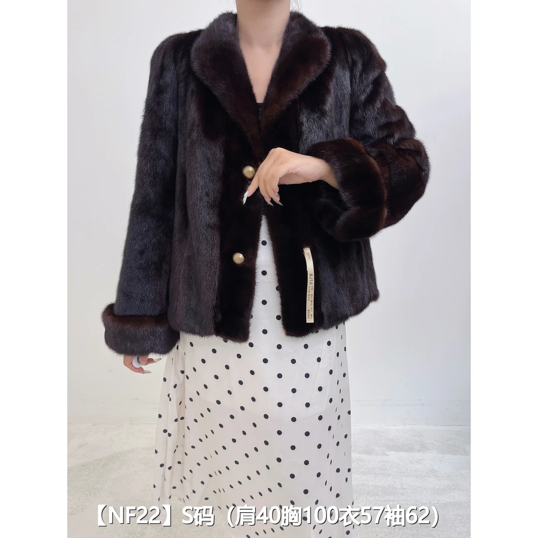 【NF22】S 中古棕超短款顺逆毛貂皮大衣外套女 翻领挽袖 06022