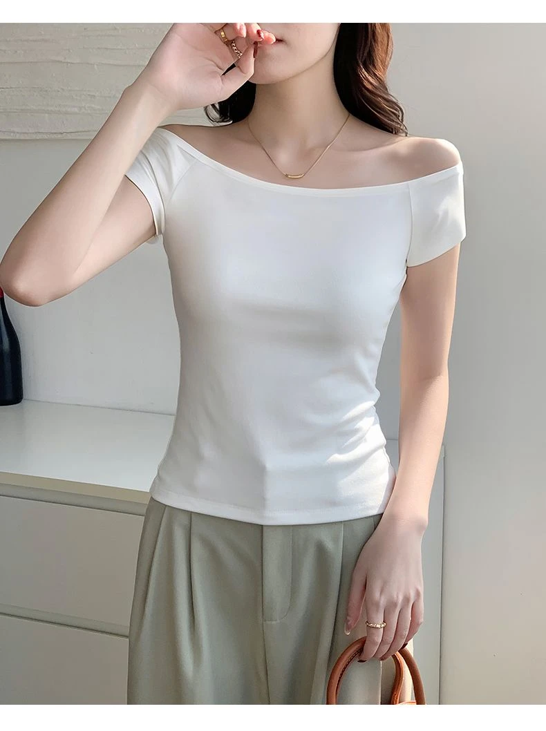黑色斜肩上衣女高级感t恤短袖2025新款性感紧身上衣百搭洋气潮