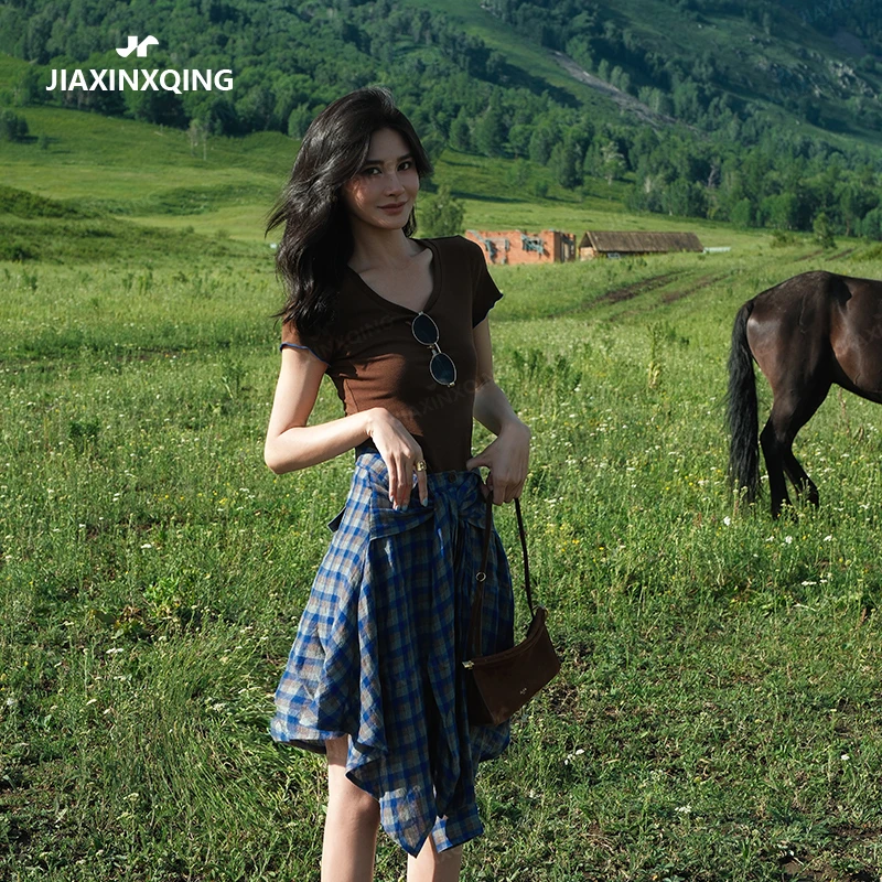 JIAXINXQING韩版ins风修身纯欲时尚气质咖色百搭T恤上衣小众设计