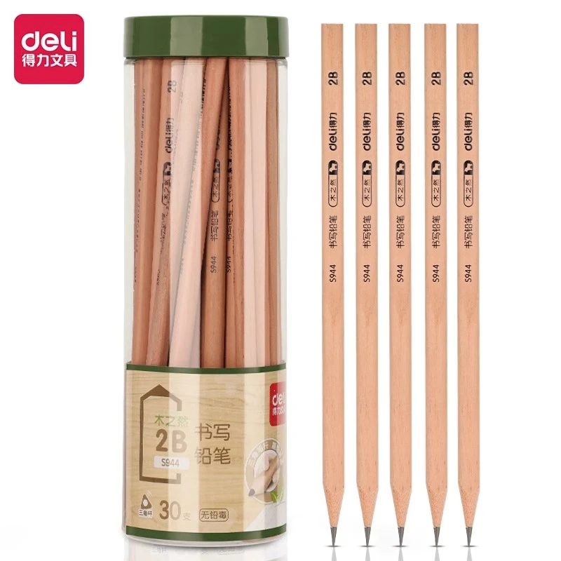 得力30支桶装铅笔三角杆hb铅笔小学生用2b儿童考试素描S943/S944