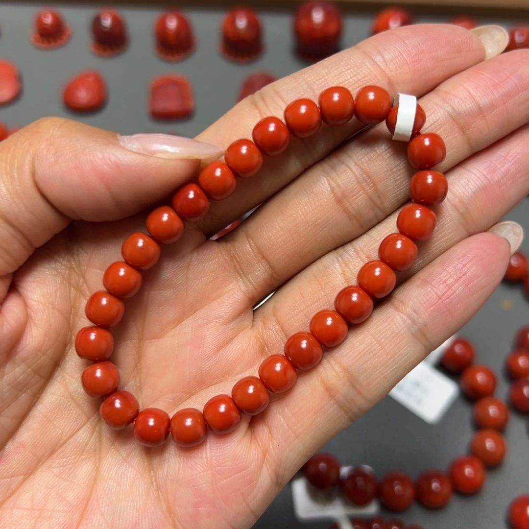 南红玛瑙未镶嵌手串 柿子锦满肉 约7.2mm 顺色