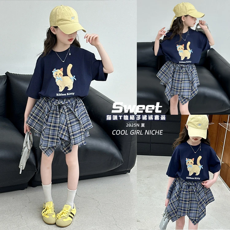 韩版2025夏季新款洋气女童中大童卡通T恤格子不规则裙裤两件套