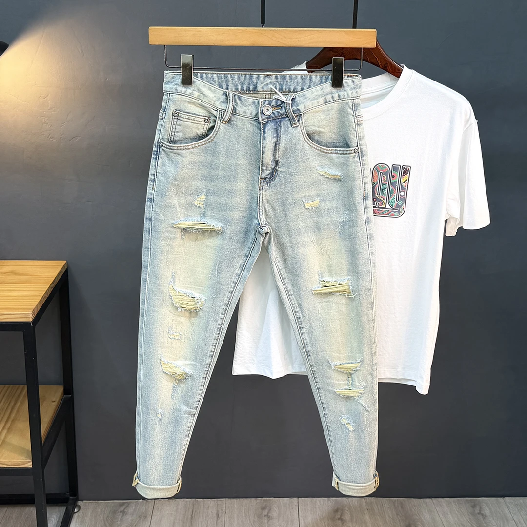 DeweLvum匠心制作！一眼就爱上!夏季薄款破洞透气修身九分牛仔裤男