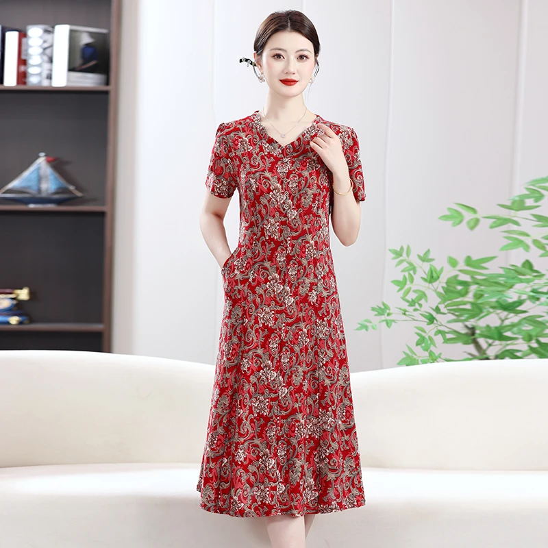 夏季显瘦短袖连衣裙中长款洋气妈妈装过膝碎花气质修身中老年裙子