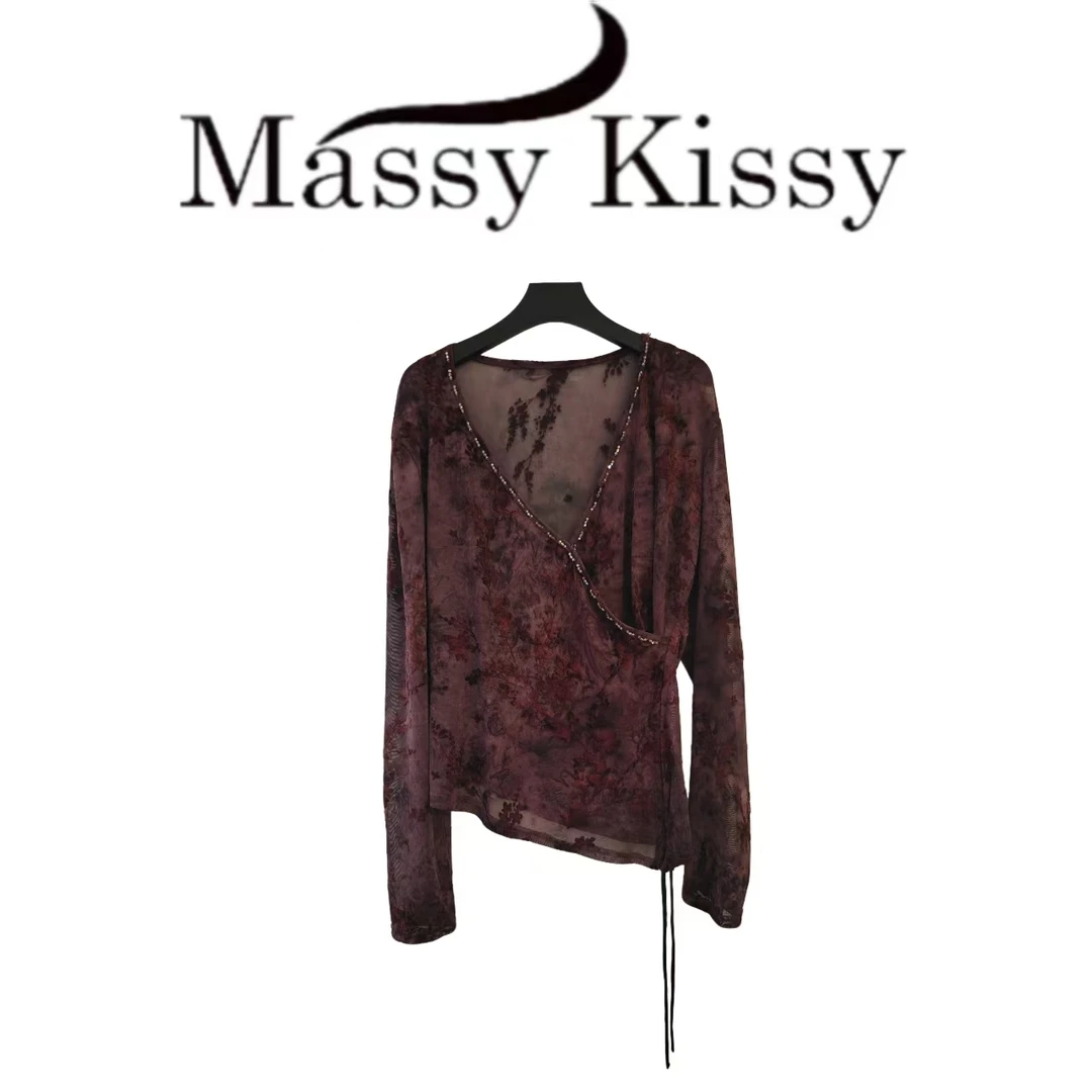 春夏新款2025V领复古植绒提花长袖防晒小衫女显瘦修身打底衫上衣