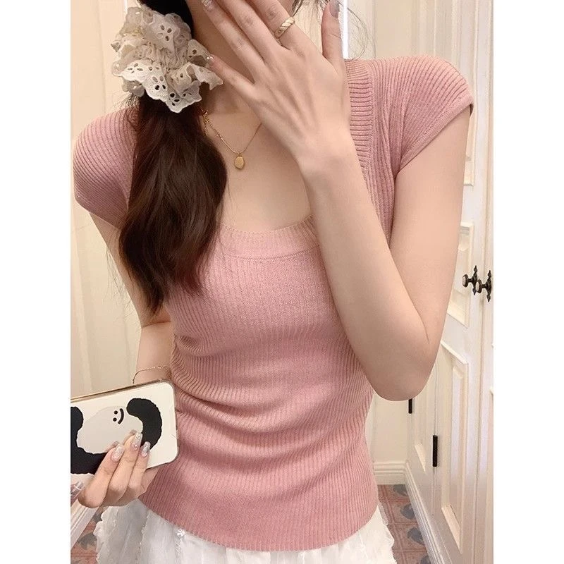 【直播专用]针织衫短袖T恤女夏季薄款纯欲辣妹风修身显瘦短款上衣
