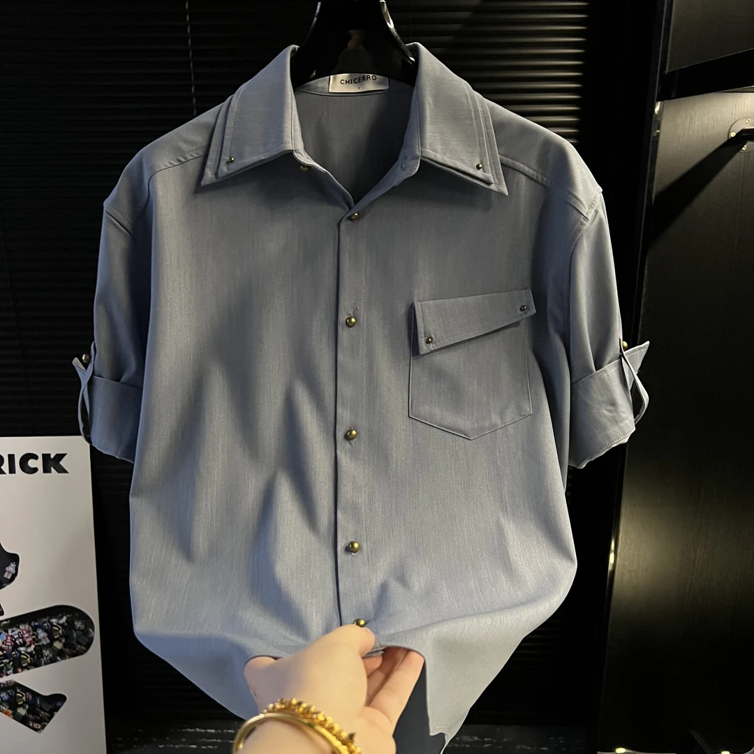 XZ-男装2025夏季新款冰丝牛仔衬衫男短袖宽松高级感潮流百搭衬衣